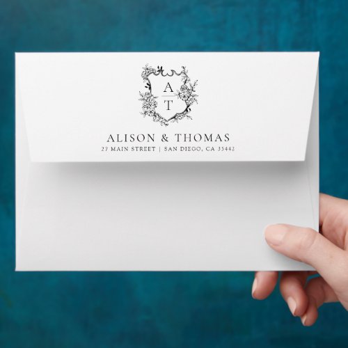Elegant Floral Monogram Crest Black White Wedding Envelope