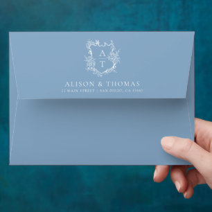 Elegant Floral Monogram Crest Dusty Blue Wedding Envelope