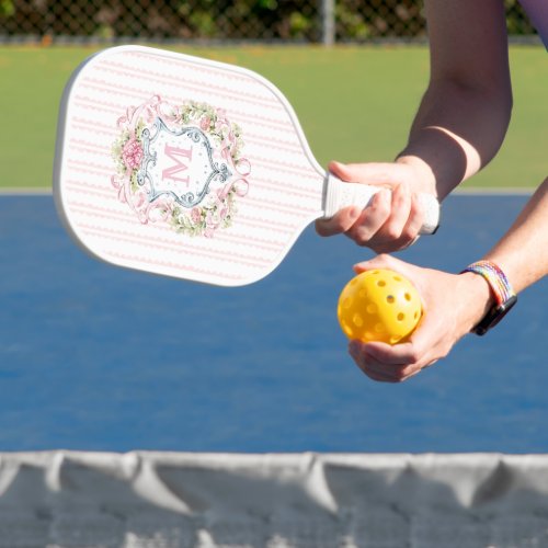 Elegant Floral Monogram Crest Pickleball Paddle