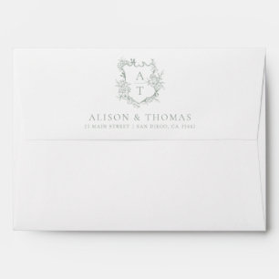 Elegant Floral Monogram Crest Sage Green Wedding Envelope