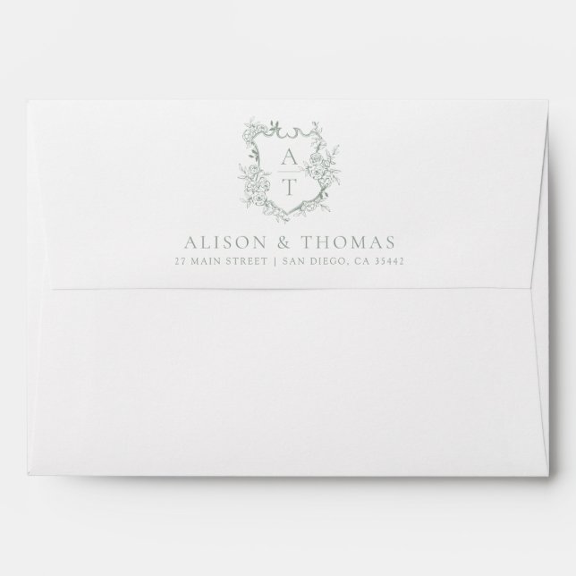 Elegant Floral Monogram Crest Sage Green Wedding Envelope (Back (Top Flap))