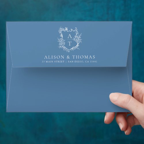 Elegant Floral Monogram Crest Vibrant Blue Wedding Envelope