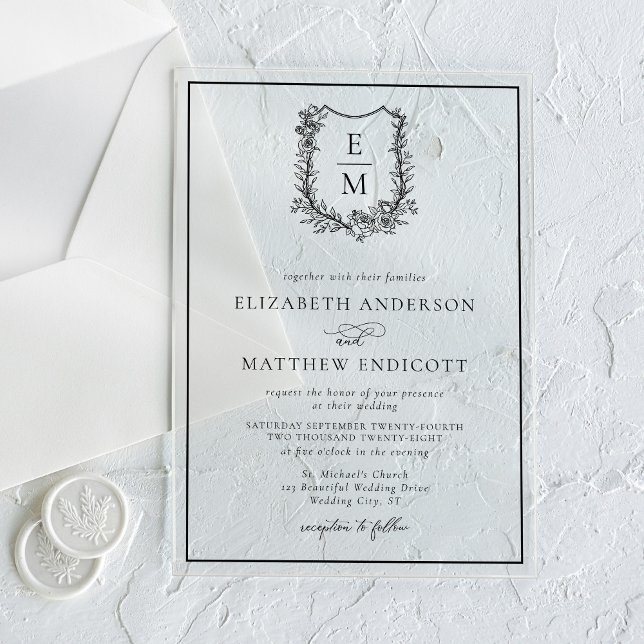 Elegant Floral Monogram Crest Wedding Acrylic Invitations (Creator Uploaded)