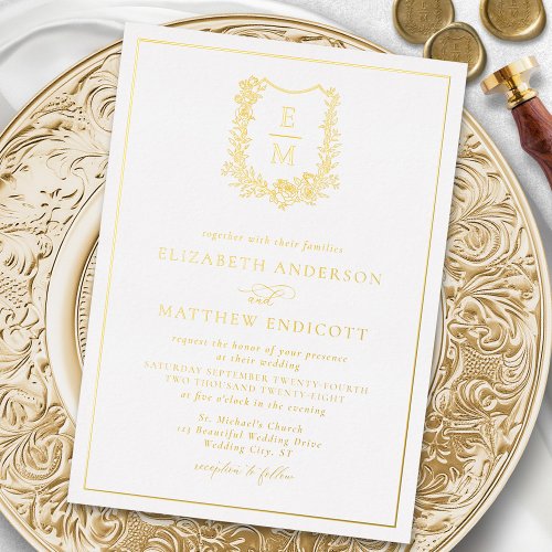 Elegant Floral Monogram Crest Wedding Gold  Foil Invitation