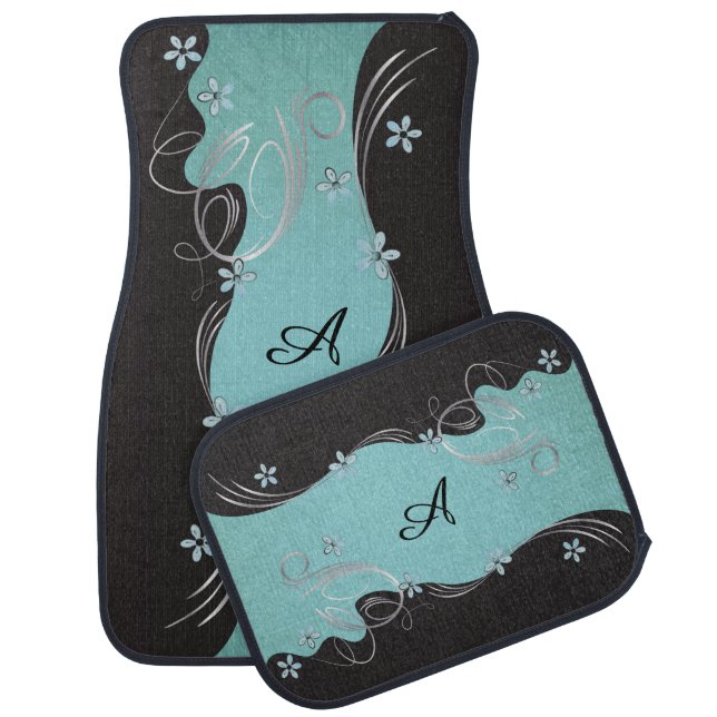 Elegant Floral Monogram Design - Teal Blue Car Mat (Set)