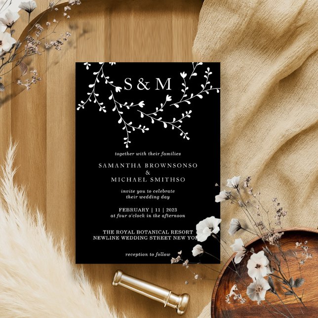 Elegant Floral Monogram Frame in Black White Invitation (Creator Uploaded)