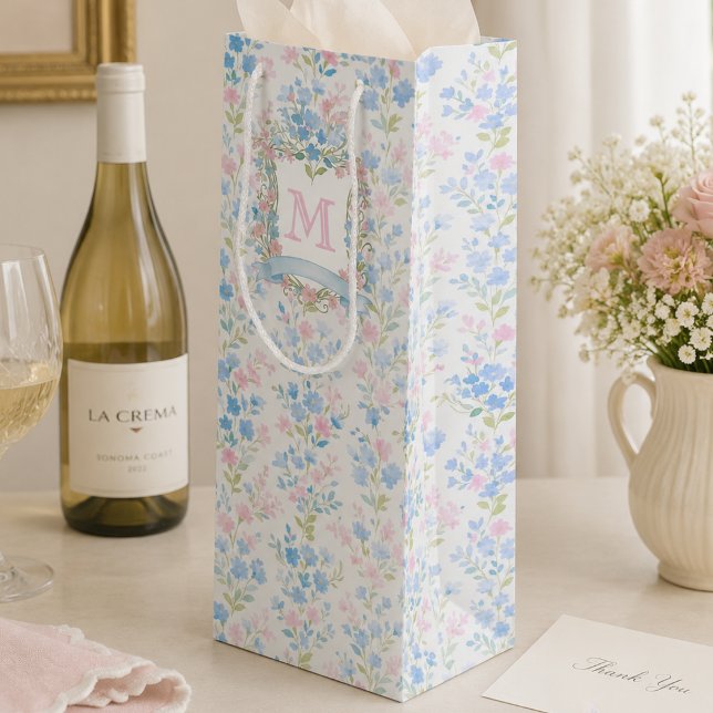 Elegant Floral Monogram Gift Bag (personalized elegant grandmillennial floral wine gift bag with custom family crest monogram initial)