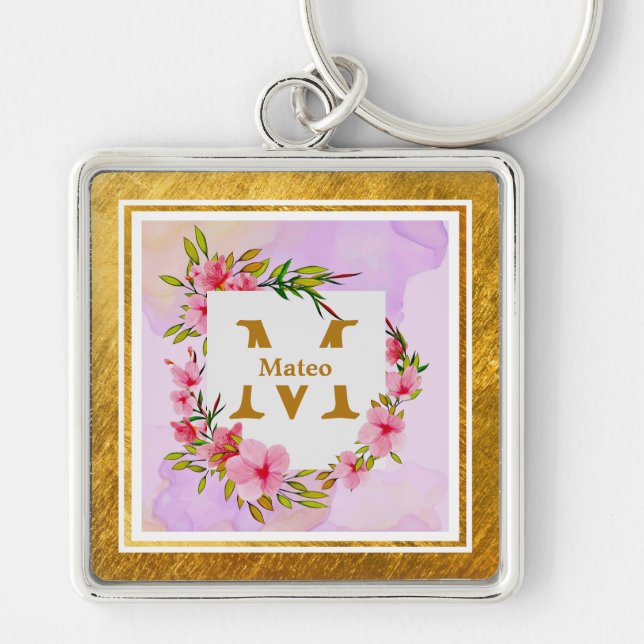 Elegant Floral Monogram I Name & Initial Keychain (Front)