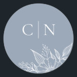 Elegant Floral Monogram Initials Blue Wedding  Classic Round Sticker<br><div class="desc">These simple,  elegant wedding envelope seals feature a floral line drawing in white and two monogram initial text templates over a custom color background (shown in dusty blue).</div>