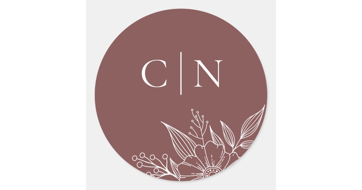 Intials Red Elegant Floral Monogram Initials Rust Red Wedding Classic Round Sticker ...