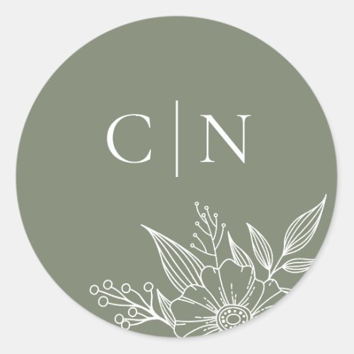 Elegant Floral Monogram Initials Sage Wedding  Classic Round Sticker