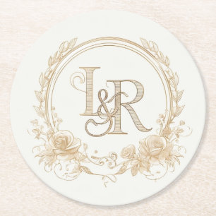 Elegant Floral Monogram “L & R” Paper Coasters