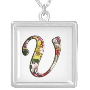 Elegant Floral Monogram Letter V botanical Silver Plated Necklace