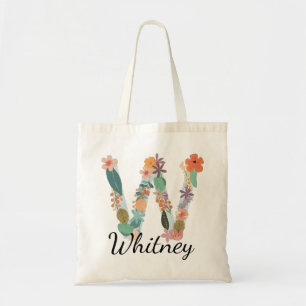 Elegant Floral Monogram Letter W Personalized Name Tote Bag