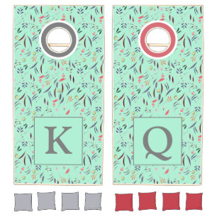 Elegant Floral Monogram Mint Green Wedding Cornhole Set