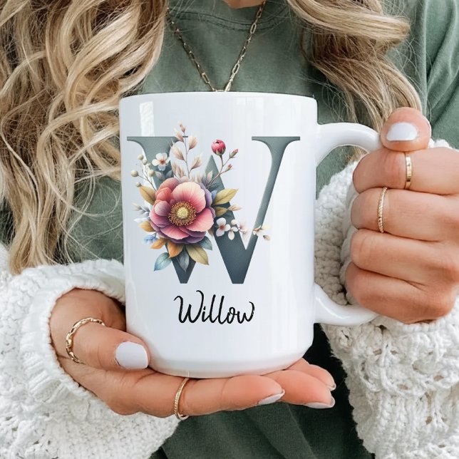 Elegant Floral Monogram Mug, Birthday Gift for Mom Coffee Mug (birth flower gift, mother’s day mug, graduation gift mug, custom coworker gift, best friend mug,)