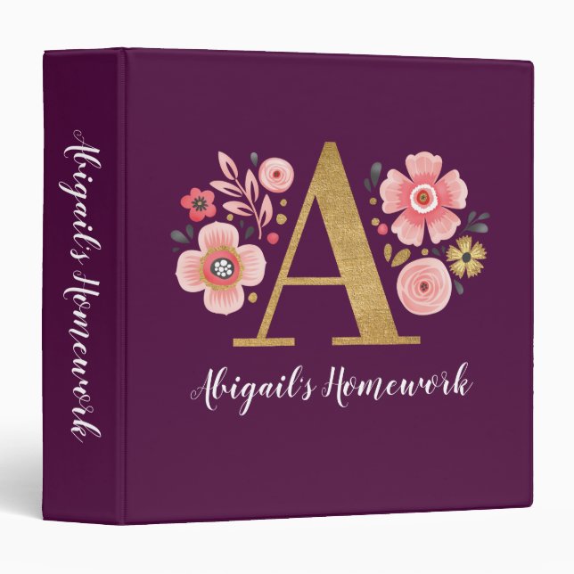 Elegant Floral Monogram Name School 3 Ring Binder (Front/Spine)
