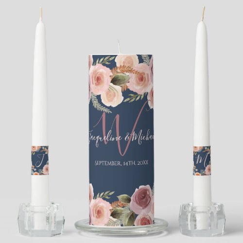 Elegant Floral Monogram Names Navy Blush Wedding Unity Candle Set