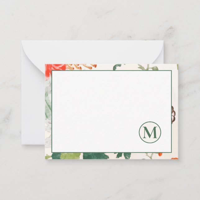 Elegant Floral Monogram Note Card (Front)