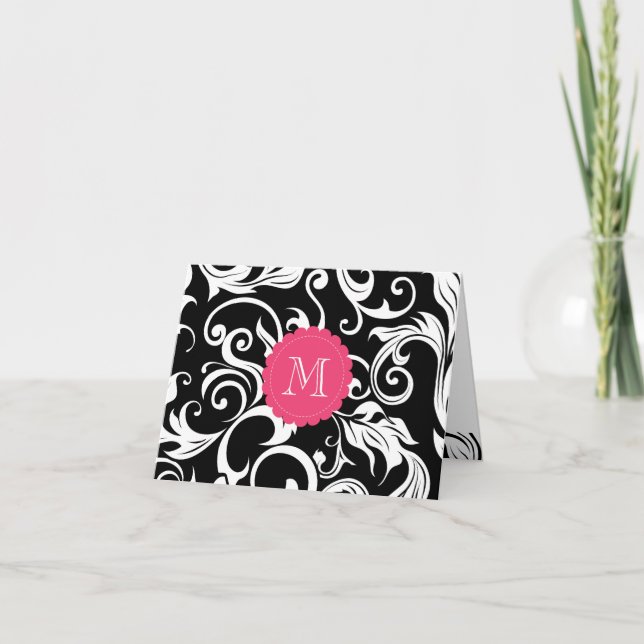 Elegant Floral Monogram Note Card Black White Pink (Front)