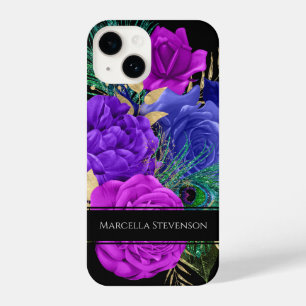 Elegant Floral Monogram Peacock Feather Glitter iPhone 14 Case