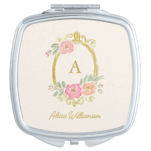 Elegant Floral Monogram Personalized Name Favor Compact Mirror