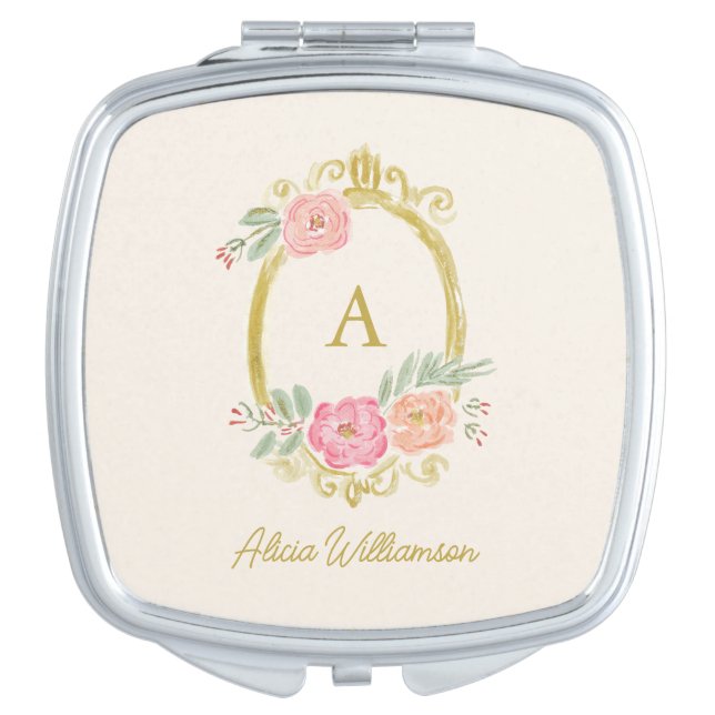 Elegant Floral Monogram Personalized Name Favor Compact Mirror (Front)