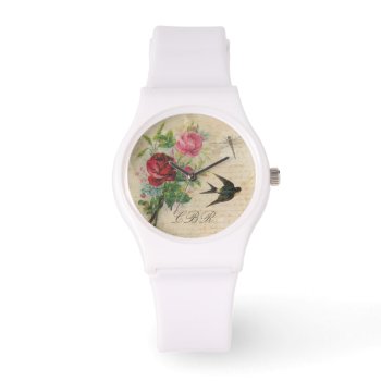 Elegant Floral Monogram Pink Roses Bird Dragonfly Watch by red_dress at Zazzle