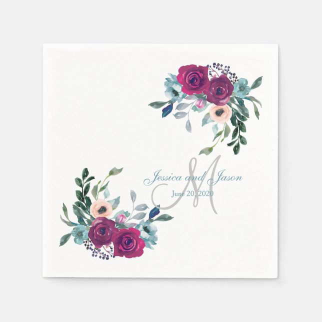 Elegant Floral Monogram Rustic Wedding Napkins (Front)