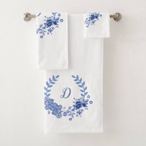 Elegant Floral Monogram Shabby Chic Blue Bath Towel Set