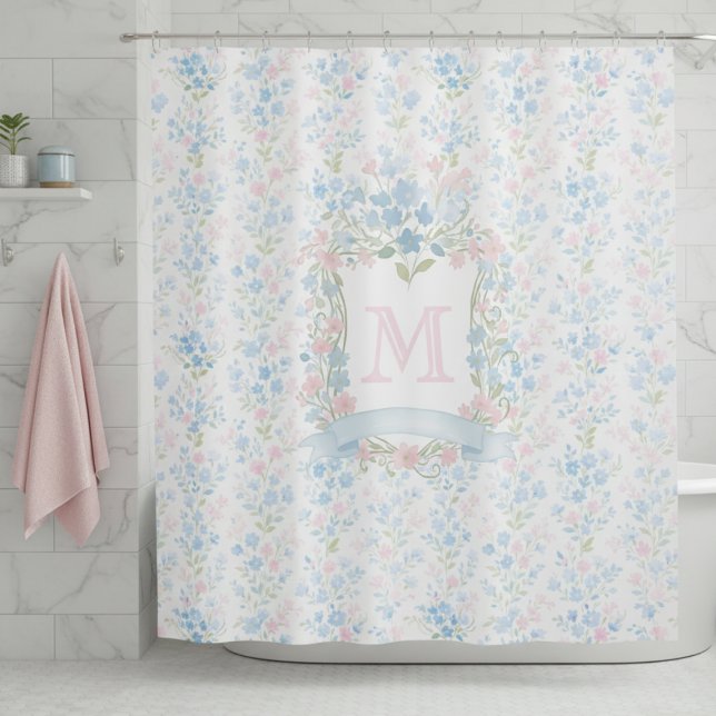 Elegant Floral Monogram Shower Curtain (elegant vintage grandmillennial pastel pink and blue flowers shower curtain with custom initial)