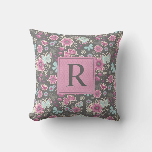 Elegant Floral Monogram Throw Pillow (Front)