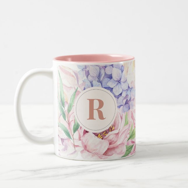 Elegant Floral Monogram Two-Tone Coffee Mug (Left)