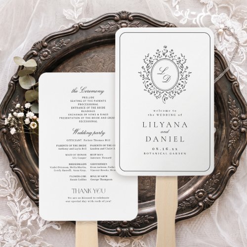 Elegant Floral Monogram Vintage Wedding Program Hand Fan