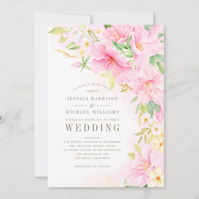 Elegant Floral Monogram Watercolor Botanical Pink Invitation (Front)