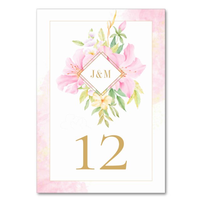 Elegant Floral Monogram Watercolor Pink Green Table Number (Front)