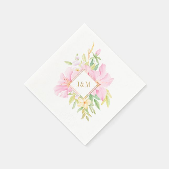 Elegant Floral Monogram Watercolor Pink Wedding Napkins (Corner)