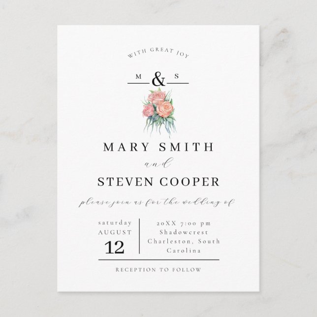 Elegant Floral Monogram Wedding  Invitation Postcard (Front)