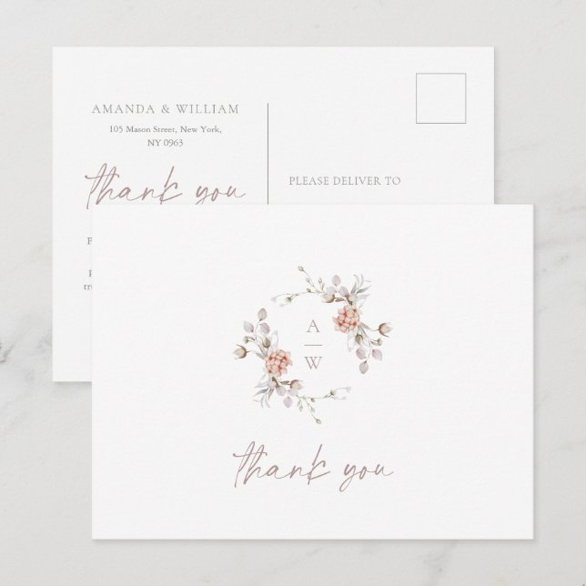 Elegant Floral Monogram Wedding Thank You Postcard (Front/Back)