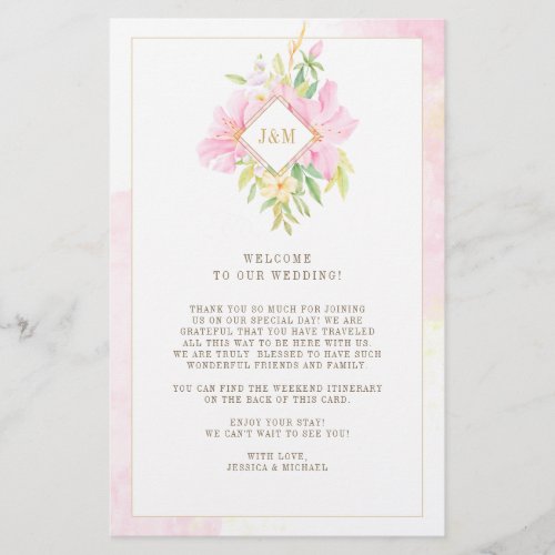 Elegant Floral Monogram Wedding Welcome Itinerary