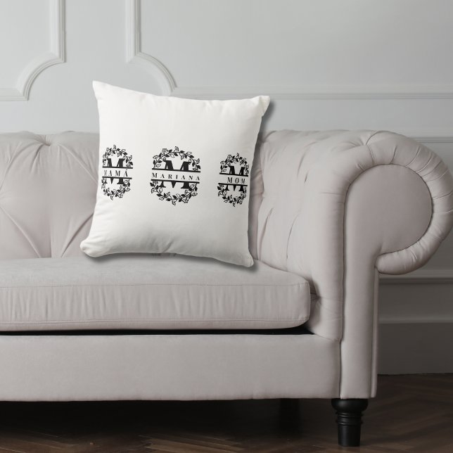 Elegant Floral Monogram with Text: MOM MAMÁ & Name Throw Pillow (Mother's day monogram bilingual throw pillow, mama mom & name customizable multilingual project)