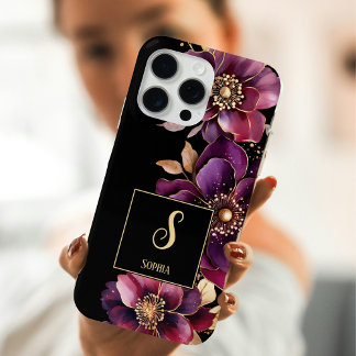 Elegant Floral Monogrammed Black iPhone 15 Pro Max Case