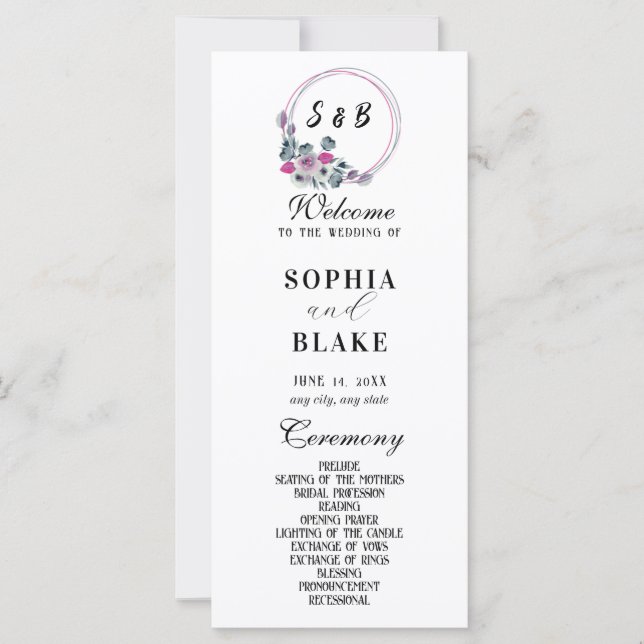 Elegant Floral Monogrammed White Wedding Program (Front)