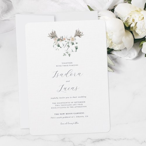 Elegant Floral Moose Antler Wedding Crest Invitation