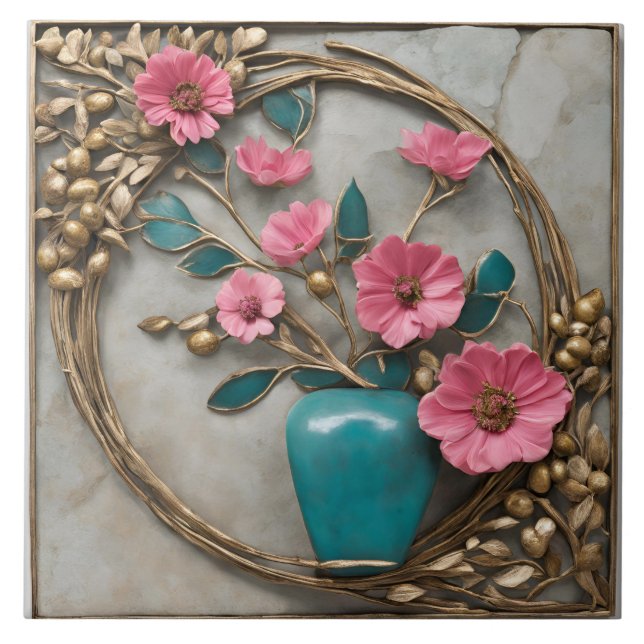 Elegant Floral Mosaic with Turquoise Vase Ceramic Tile (Front)
