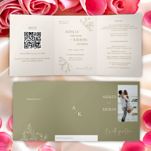 Elegant Floral Moss Green Wedding Invitation