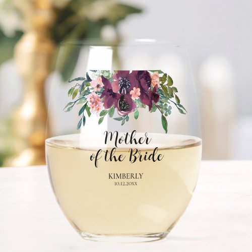 Elegant Floral Mother of the Bride Groom Stemless Wine Glass