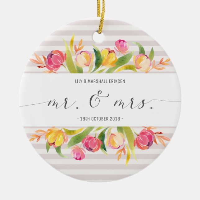 Elegant Floral Mr & Mrs Wedding | Ceramic Ornament (Front)