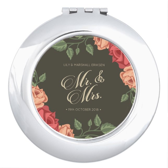 Elegant Floral Mr & Mrs Wedding | Compact Mirror (Front)