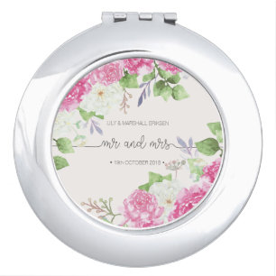 Elegant Floral Mr & Mrs Wedding Compact Mirror